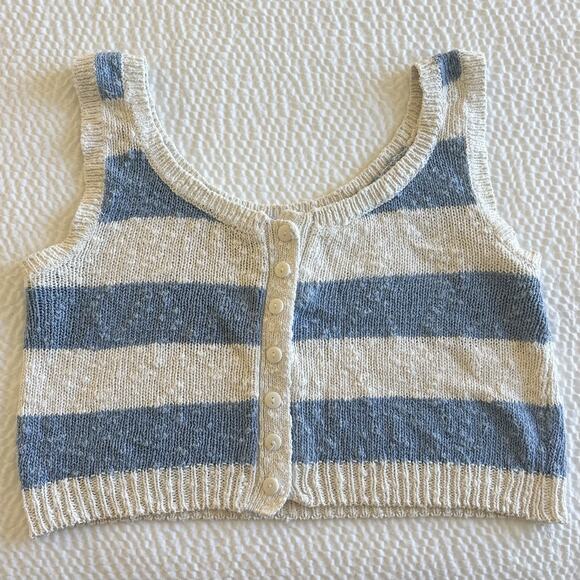 Vintage Pinwheels Knit Button Up Blue And White Striped Sweater Cardi Tank Top M - Picture 2 of 7